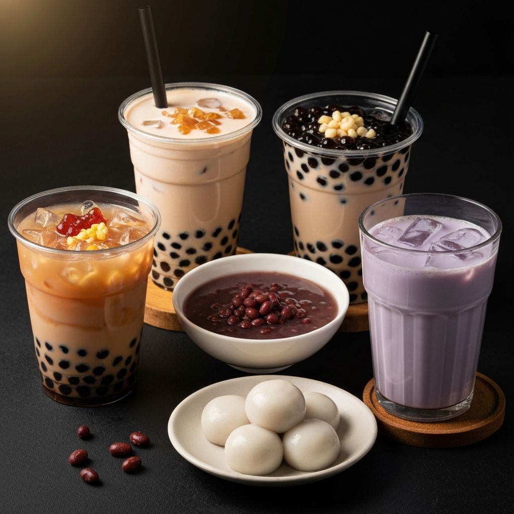Assortment of Chinese desserts and bubble teas with colourful toppings