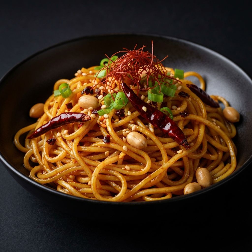 Glossy dry saucy noodles with chili oil, spring onions and peanuts in a dark bowl