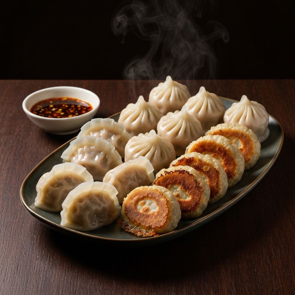 Golden pan-fried Chinese dumplings with crispy bottoms served with dipping sauce