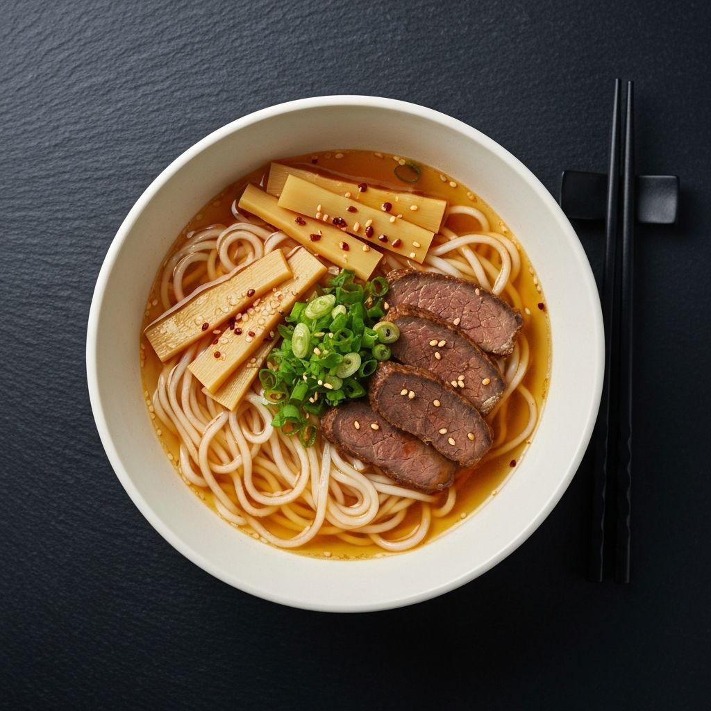 Bowl of Yunnan-style rice noodle soup with golden broth and fresh garnishes