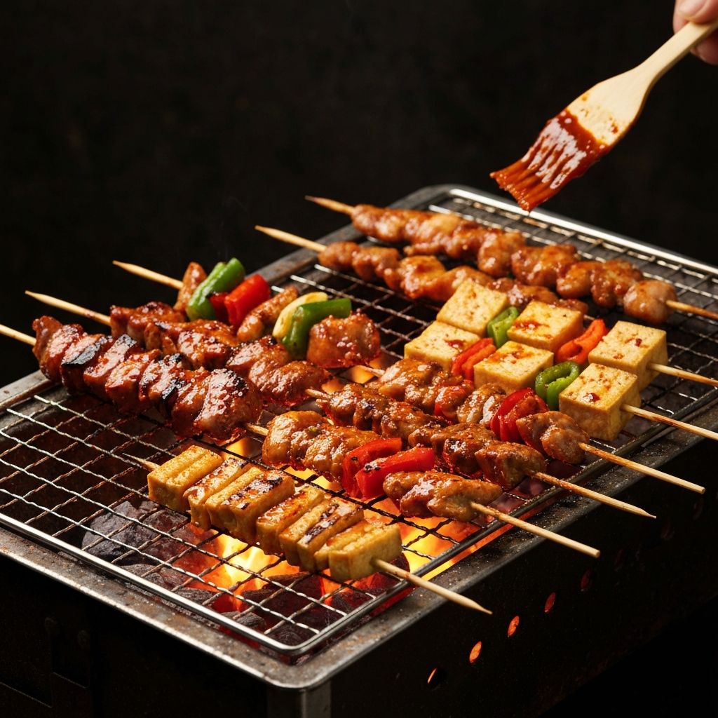 Charcoal-grilled street food skewers with chili glaze over glowing embers
